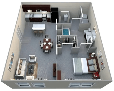 Floor plan for 1 bed, 1 bath, 700 sqft